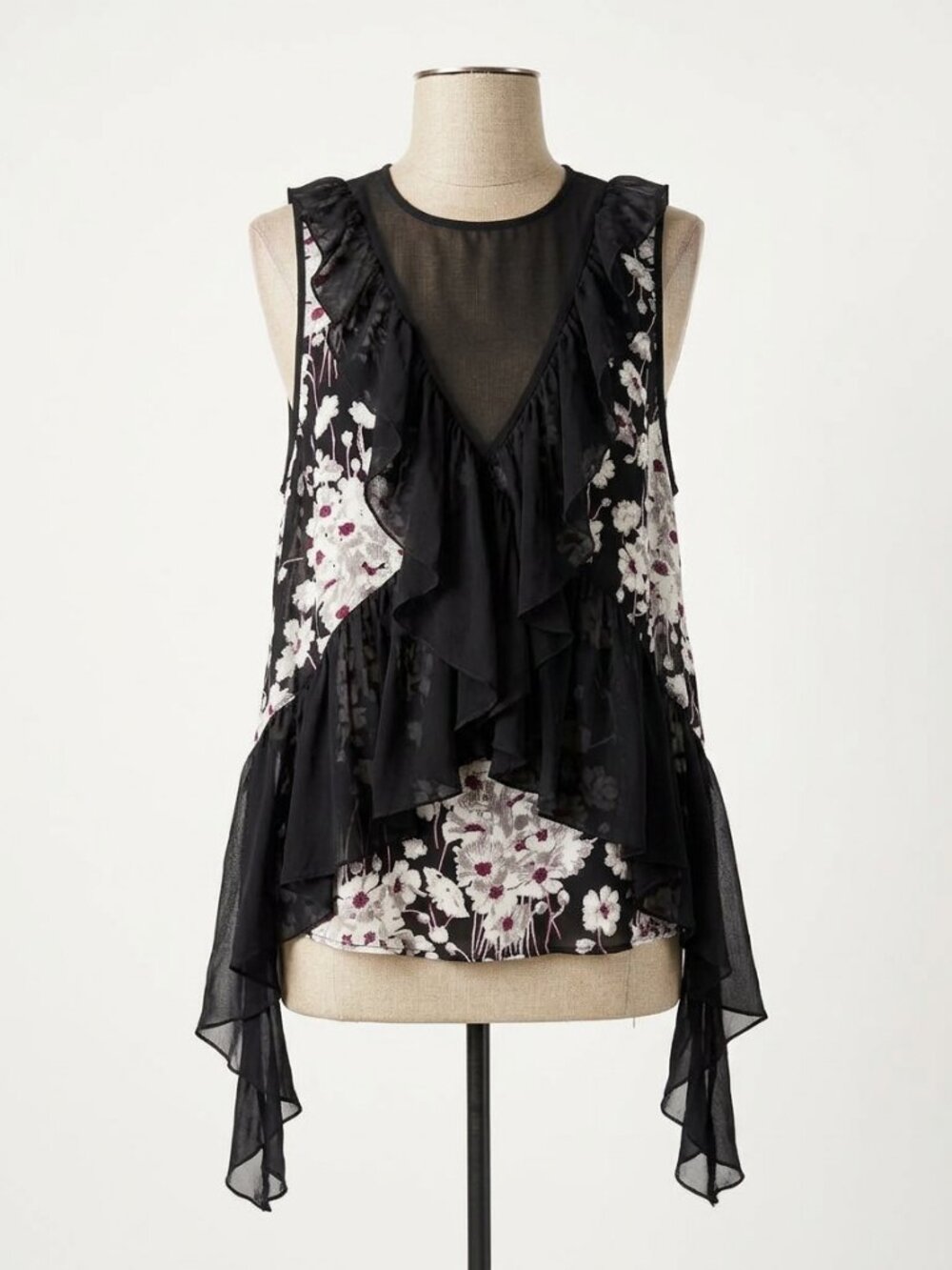 CINQ A SEPT Black Sheer Floral Ruffle 100% Silk Sleeveless Blouse Size S